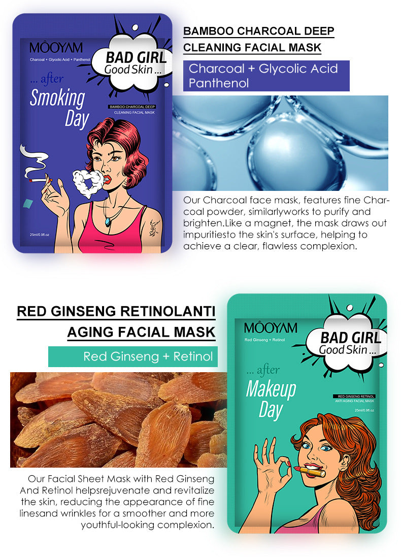 Masque Hydratant Acide Hyaluronique Masque Charbon Bambou Ginseng Rouge Miel BAD GIRL Series